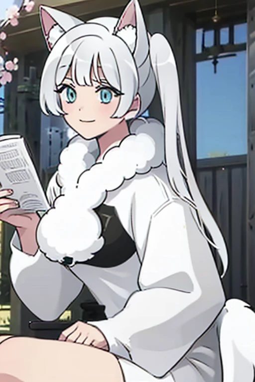 Perfect face. Perfect hands. A young white haired woman with green eyes with white wolf ears and a white wolf tail and an hourglass figure wearing a cool leather dress and a leather jacket is reading a book underneath a cherry blossom with a big smile