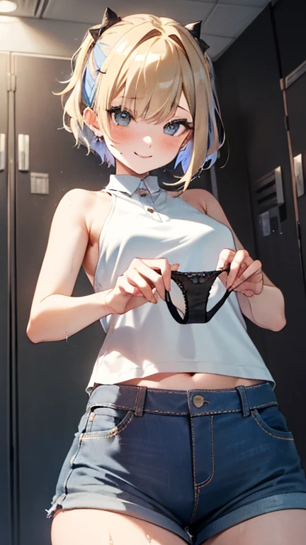 (8k、Best image quality、Highest quality、masterpiece)、Detailed face、1 girl、blonde、short hair、Grey Eyes、Wicked Smile、Big Breasts、((topless))、((Very small denim pants that are digging into her butt and crotch))、((Showing off her wet black panties))、((Unfold panties with both hands))、Cowboy Shot、Locker Room Background、Completely naked、Erect nipples、Face right after climax、Exposing the calves