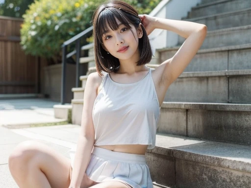 A glamorous cute ahegao Japanese woman in a white tank top and white mini skirt is sitting sweatily on the old outdoor stairs, showing her armpits