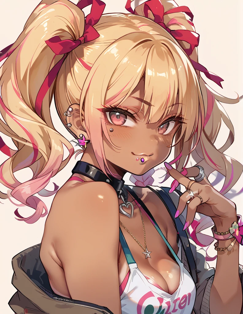 darkskin++++, tanned++, dark brown skin1:5++, orange hair, twintails+, pink eyes+++, big breast+, thick lips, bows symbol+, pink bow+, hairclips+, heart symbol+, detailed eyes, lips, (highest quality, amazing details:1.3), (solo:1.3), masterpiece, glossy lips, dolly lips+, back bow, choker, ,bare shoulder, pink footwear, cowboy shot, clevage, peace sign, outside background, cherry blossom tree, street background, lace design, popstar pose+,