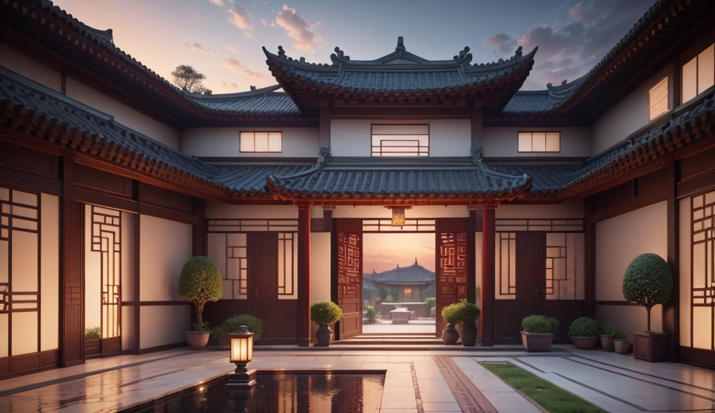 A courtyard, Chinese style, realism, luxury, single-family villa garden, evening scenery, sky clouds sunset, excellent picture quality, 8k ultra high definition