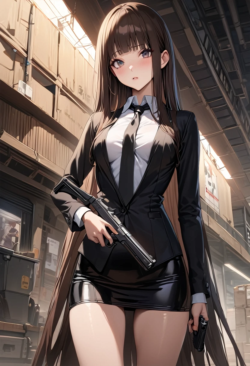 masterpiece、highest quality、Ultra-high resolution、Maximum resolution、Very detailed、Professional Lighting、anime、woman、thin、so beautiful、Sexy Suit、mini pencil skirt、Garter Stockings、High heels，Has an assault rifle、Grey Eyes、Brown Hair、long hair、Fingerless Gloves、Beautiful eyes、Pink Lips、Gloss Lip、Are standing