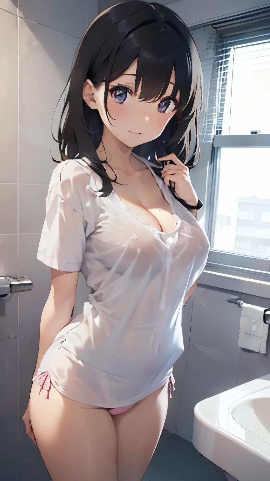 Her white shirt is showing through、Big breasts with cleavage、No bra、Small size pink sexy underwear、Squirting with a vibrator in her pussy、While taking a shower in the bathroom