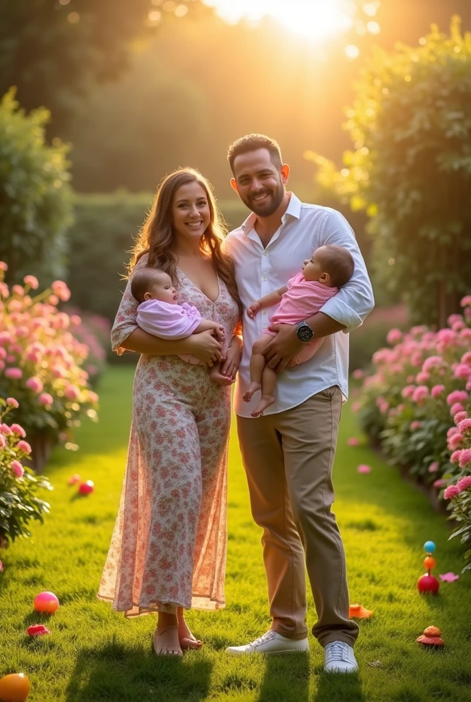 Scene of Happiness, a happy family in a beautiful garden, 1girl, 1boy, mother and father, family portrait, smiling, playing, laughing, (4k,8k,highres:1.2), ultra-detailed, vibrant colors, warm lighting, lush greenery, colorful flowers, picturesque landscape, serene atmosphere, positive emotions, masterpiece, best quality, very aesthetic, absurdres