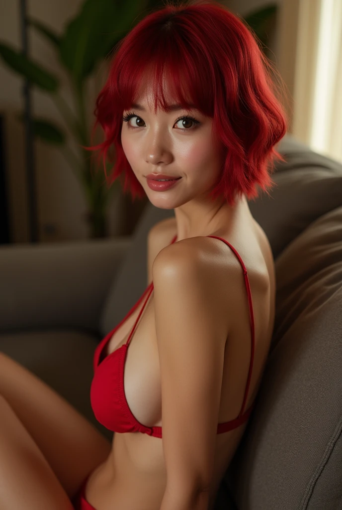Orange short haircut、A beautiful face with a cute smile and a small face、F cup sexy body、Lying on the bed in sexy red underwear