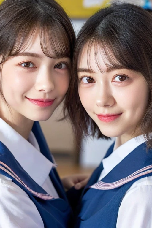 2+girls, cute, , smiling, look at viewer, sailor uniform, seifuku, photo, realistic, best quality, hires, detailed face, classroom, detailed background, diffused lighting, depth of field, bokeh (((cloned face)))
(((similar identical twins)))
All the girls have the exact same face, The two have the same face and figure, as if they were mirror images.