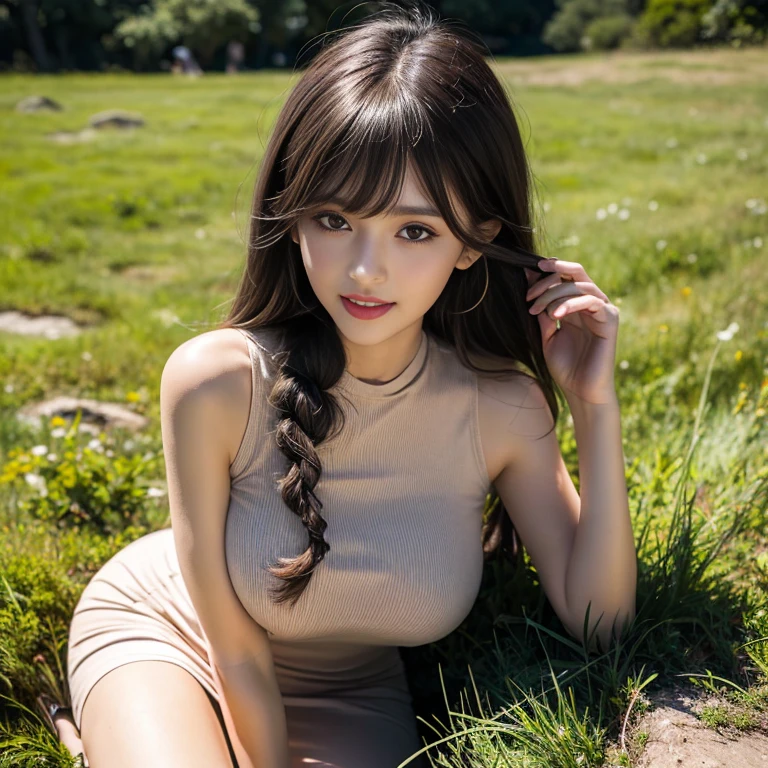 laughing out loud，1 female, 2，Wear a dress，Gauze dress, In the grassland，light brown hair, blunt bangs, hair behind ears, Shoulder length hair, long hair, Braided hair for a slender figure，超face slimming型, face slimming, delicate lips, beautiful eyes, Thin blush, Eyes are light brown, (actual:1.3), 8k, Super detailed, high quality, best quality, High resolution，knee shot, , Large Breasts，Big breasts