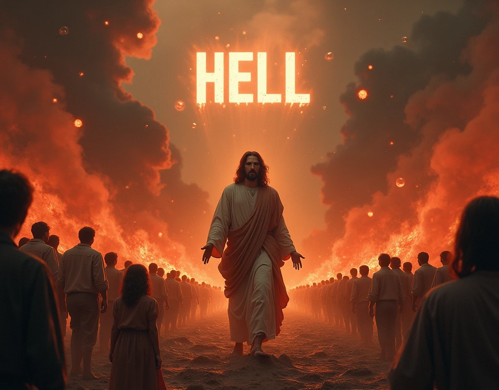 an album art cover for a deathcore, metalcore band. There is a girl kneeling on the ground bloody and bruised , bloody and bruised, she is kneeling before a large cross, there is an angel on the cross. The cross is on fire. At the top of the image text reads in a large evil font (((HopesHeart))). At the bottom of the image text reads (((Broken Chromosomes))),