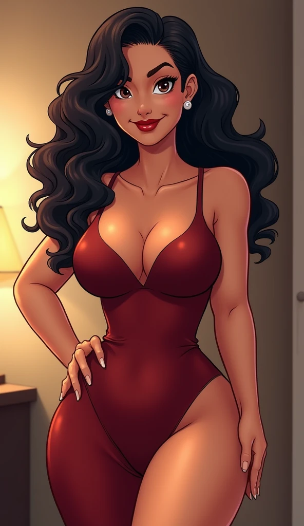 Thin woman, age 25, 4K (High definition), mysterious smile, seducing gaze, eyes browns, wearing a red dress with a boat neckline and short sleeves, arms positioned at the side of the body, Caucasian skin, straight black hair down to shoulder length, standing (upper body), full of curves with freckles across her chest and neck, natural round breasts. Marvel style high quality, white background.