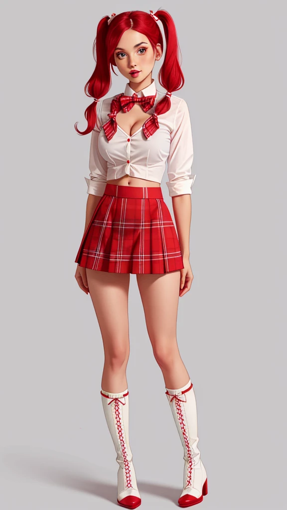 full-body shot, gorgeous woman, red tartan short skirt, knee high white socks, button up shirt, midriff, pigtails, cleavage, bowtie, boots, lollipop