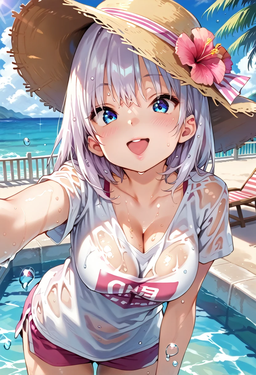 masutepiece, Best Quality,Illustration, Wallpaper, ultra -detail, 1little girl、♡、Futomo、Poses in motion、soft smiling、Summer scenery、bright and colorful bikini、swimming pools