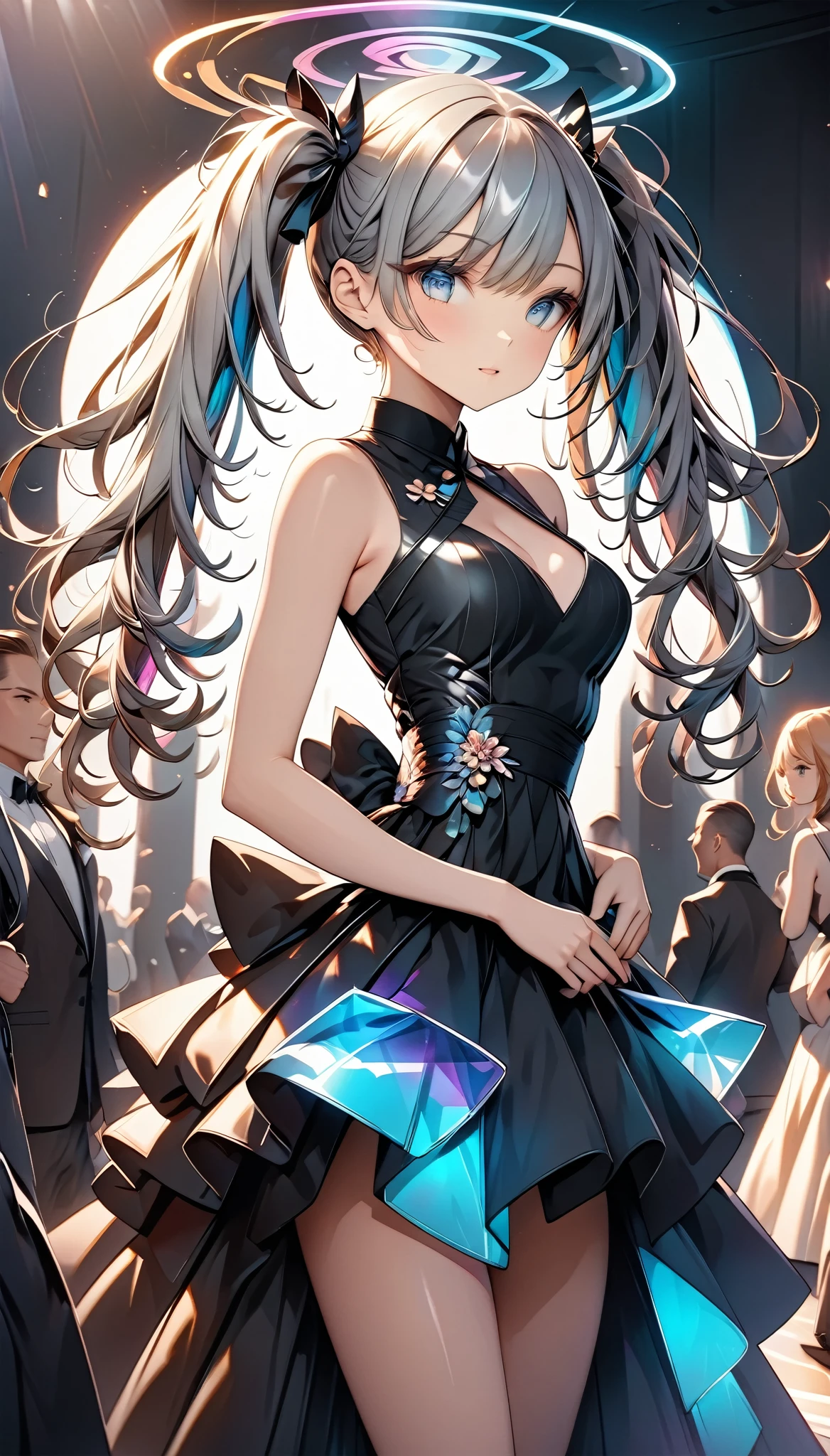 Detailed and smooth, top quality, Very fine hair, cute, Ash gray twin tails, Holographic glowing hair, slender, Classy sex appeal, A thrilling sight, glamorous, Captivating the audience, love at first sight, Balance your body type and composition, ARW, there is, Vibrant colors