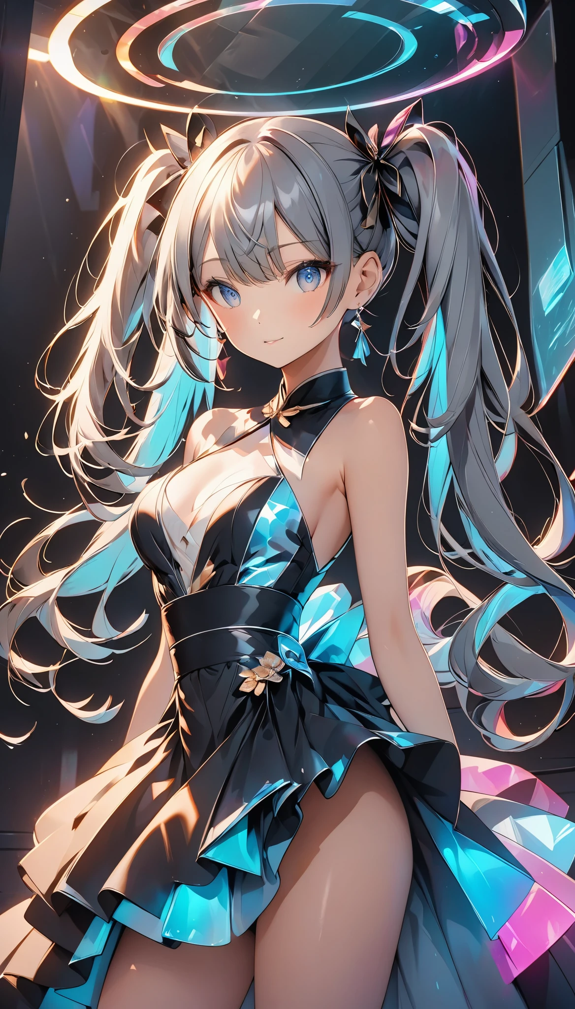 Detailed and smooth, top quality, Very fine hair, cute, Ash gray twin tails, Holographic glowing hair, slender, Classy sex appeal, A thrilling sight, glamorous, Captivating the audience, love at first sight, Balance your body type and composition, ARW, there is, Vibrant colors