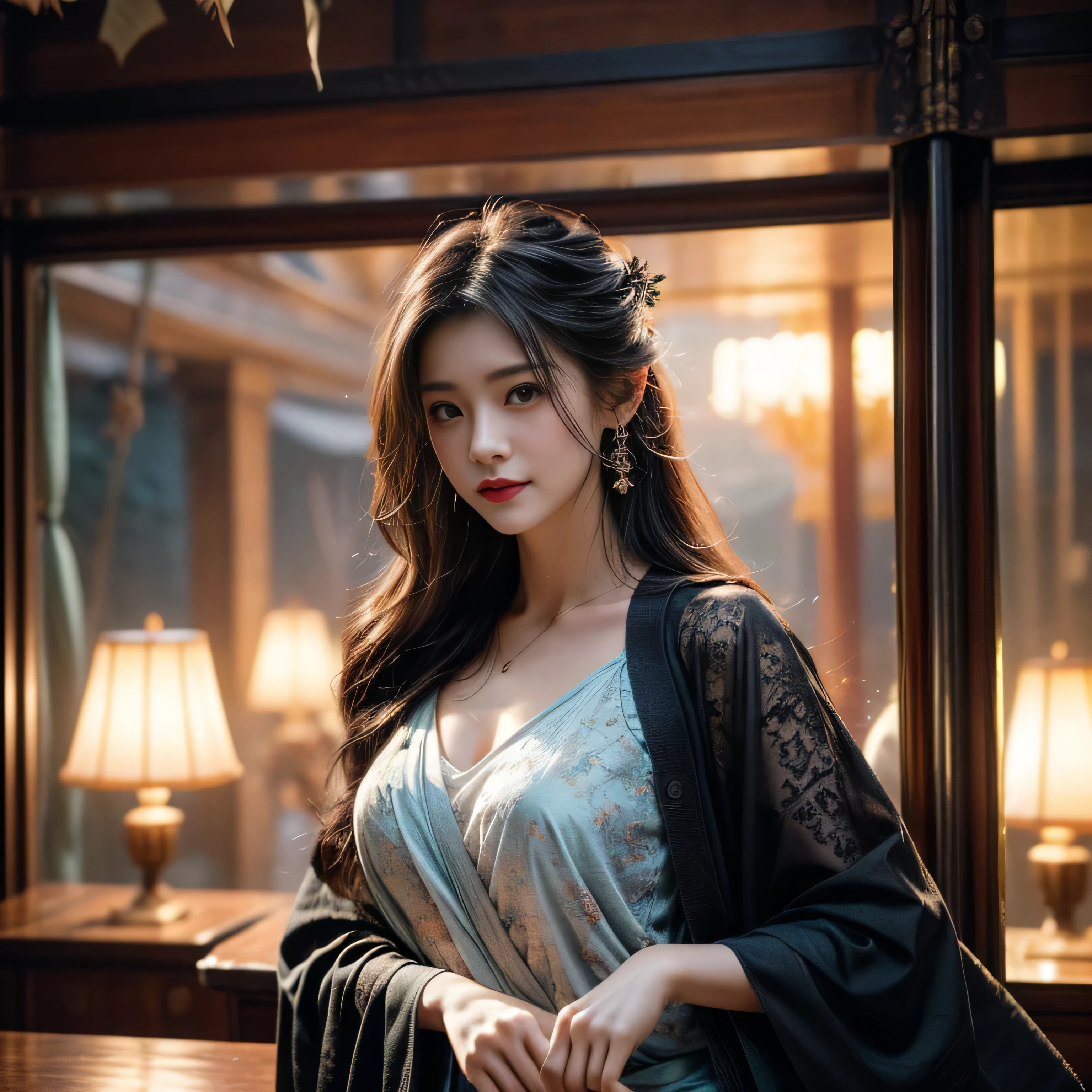 photorealistic, masterpiece, photorealistic, high resolution, soft light, hips up, blue eyes, fern hair, long hair, Intricate details EABA, cerulean cloaks, short hand-fan, Royal Poet, Hanfu, dandy, fluffy hair, a warm room full of light on birthday night, my birthday party, cheerful and respectful attitude