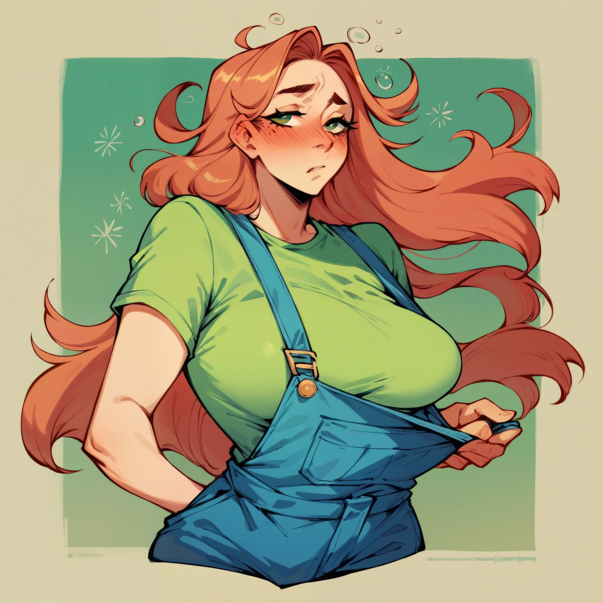 One woman , ((her breasts have turned into actual melons)) grasping hungrily at her own flesh, overalls, ((shy and drunk))  green breasts, watermelon sized breasts