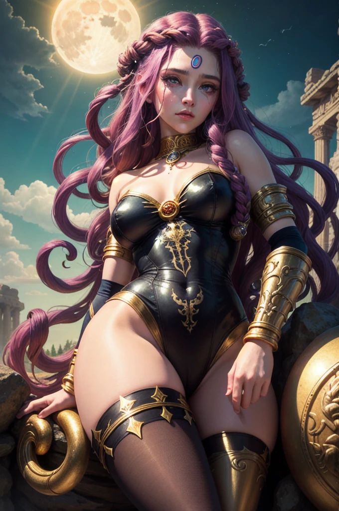 ((Full body photo,standing, feet on the ground)), Saria has large breasts, helmet on her head, black color with golden parts/futuristic Egyptian costume, Egyptian necklace on her neck, extremely tight on her body, (in an ancient Egyptian city it's raining and it's thundering), she has purple hair, blue eyes, she's got her hands closed, holding a pure gold scepter, landing for the viewer, extremely exhibitionist, is looking at the viewer, smiling, face with red cheek, hair and clothing all wet, semi transparent clothing, light makeup on the face, Futurism, 16k, UHD, retina, masterpiece, ccurate, anatomically correct, best quality, high quality, textured skin