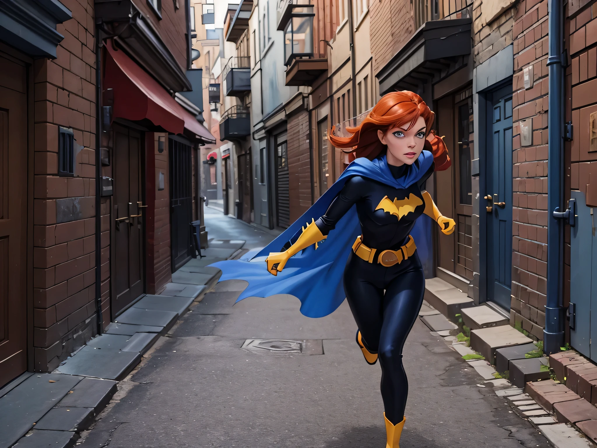 1girl, Barbara, red hair, blue eyes, bodysuit, blue cape, gloves, belt, yellow boots, anxious, outside, quickly running through a narrow alleyway, large cityscape, daytime, extreme detail, hdr, beautiful quality, dynamic pose