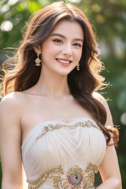 8k, masterpiece, RAW photo, best quality, photorealistic, extremely detailed CG unity 8k wallpaper, Depth of field, Cinematic Light, Lens Flare, Ray tracing, (extremely beautiful face, beautiful lips, beautiful eyes), intricate detail face, ((ultra detailed skin)) 1girl, in the dark, deep shadow, pretty girl, (very slim slender fit-muscled body:1.3), ((looking at viewer)), (big smile:1.3), clear eyes, front shot, (pale skin), (big eyes), face forward, (brown hairs), (looking at viewer:1.3), very slim, small breasts, (upper body shot), BREAK (wind effect:1.4), (floating sabai:1.3), (black sabai:1.2), (white dress:1.2), (jewelry:1.3), showing right shoulder, in wonderful garden, sunray, sun raise, sun light,