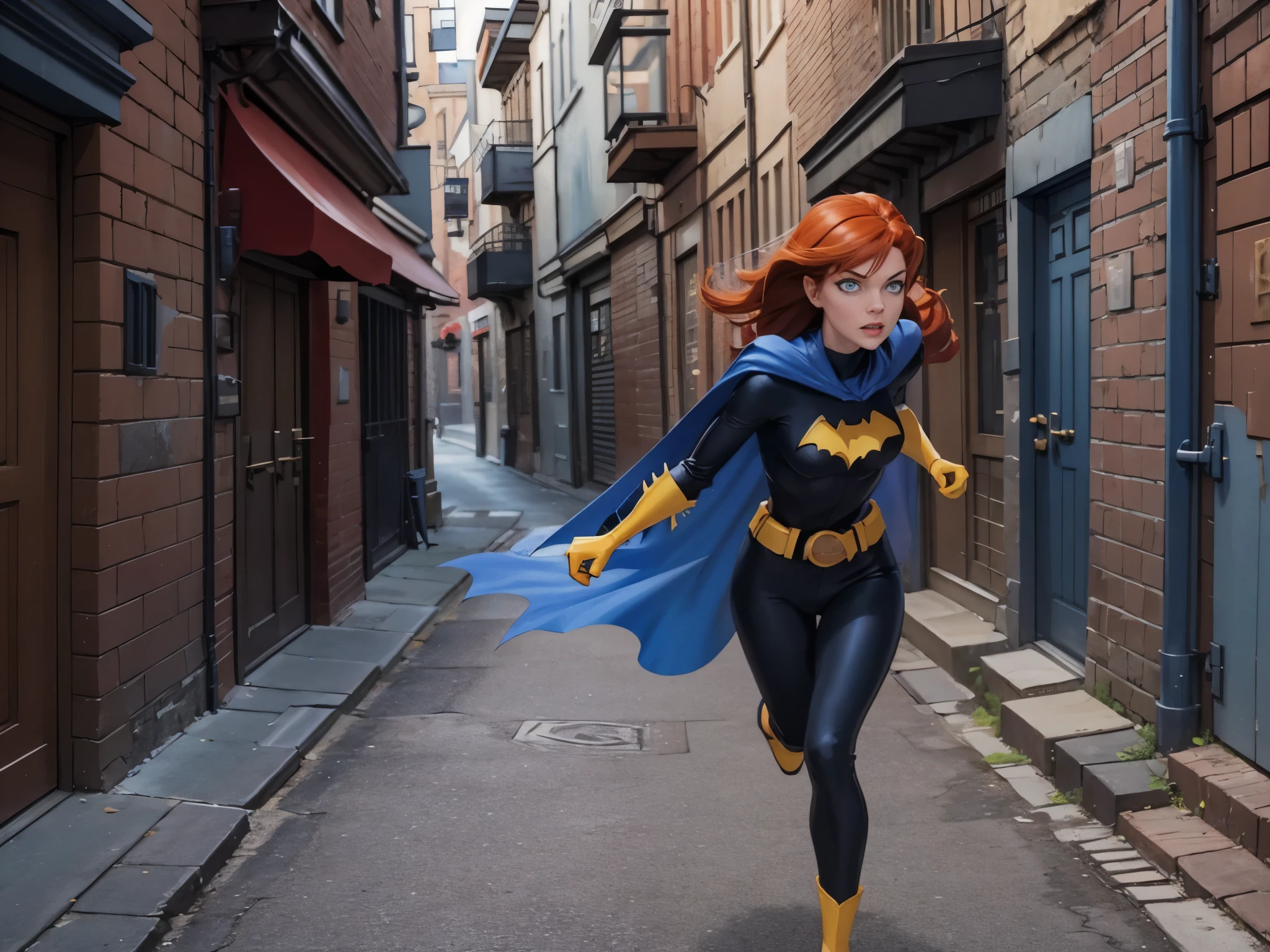 1girl, Barbara, red hair, blue eyes, bodysuit, blue cape, gloves, belt, yellow boots, anxious, outside, quickly running through a narrow alleyway, large cityscape, daytime, extreme detail, hdr, beautiful quality, dynamic pose