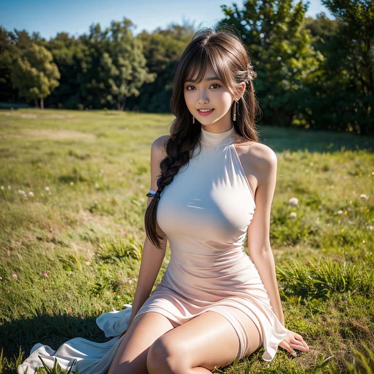 laughing out loud，1 female, 2，Wear a dress，Gauze dress, In the grassland，light brown hair, blunt bangs, hair behind ears, Shoulder length hair, long hair, Braided hair for a slender figure，超face slimming型, face slimming, delicate lips, beautiful eyes, Thin blush, Eyes are light brown, (actual:1.3), 8k, Super detailed, high quality, best quality, High resolution，knee shot, , Large Breasts，Big breasts