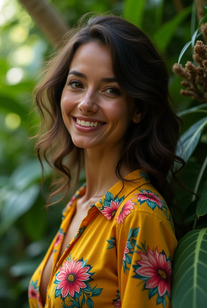 A Brazilian woman in a lush tropical garden, wearing an open shirt with a floral print, with a close-up capturing the harmonious beauty between her breasts and the natural flowers, showing off your natural charm and outgoing personality.