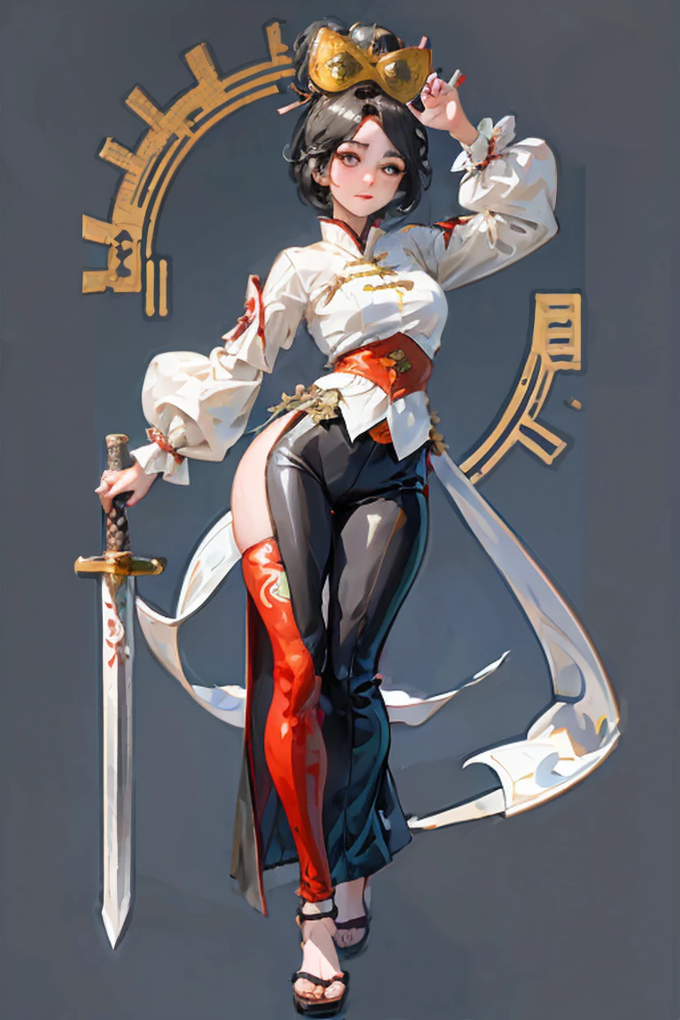 A lady, creamy fair skin, long black hair that reaches to the hips, black hanfu that outlined her body, mature and full body, leaning on a pitch black katana sword, below the black eyes there was a delicate mole.