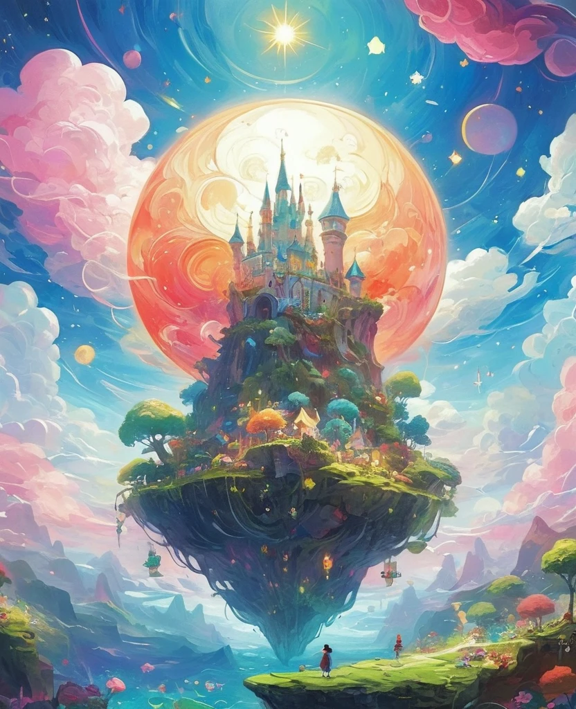 Create an 8K high-definition, richly detailed conceptual anime image inspired by the world of Ooo from 'Adventure Time.' The scene should depict a whimsical and fantastical landscape with a surreal, dreamlike quality. Include a vibrant and diverse terrain with floating islands, oversized and imaginative plants, and fantastical rock formations. Feature a bright and colorful sky with unusual shapes of clouds, possibly including a glowing sun or moon. Incorporate unique and playful elements like floating objects or unusual creatures in the background. Use a palette of bold yet slightly muted colors to reflect the unique, otherworldly charm of the world of Ooo.