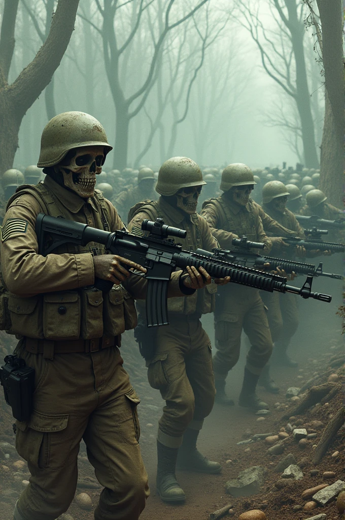 (high resolution, Realistic),Skeleton Squad,Possession of modern weapons,Detailed skeleton,Dynamic Action Pose,Background full of smoke and flames,Shiny metal gun,Sharp focus,gritty atmosphere,Powerful battle scenes,Detailed bullet casings and explosions,Vivid colors, Intense lighting,Combine horror and action genres,Close-up of the squad member's skull,Fierce battle frenzy,Artistic lighting effects,Suspenseful atmosphere,expressive facial features,Creepy and threatening appearance,Detailed camouflage costumes,Emphasize the strength and strength of the team,The real manifestation of weapons and equipment,Add a sci-fi twist to the scene.