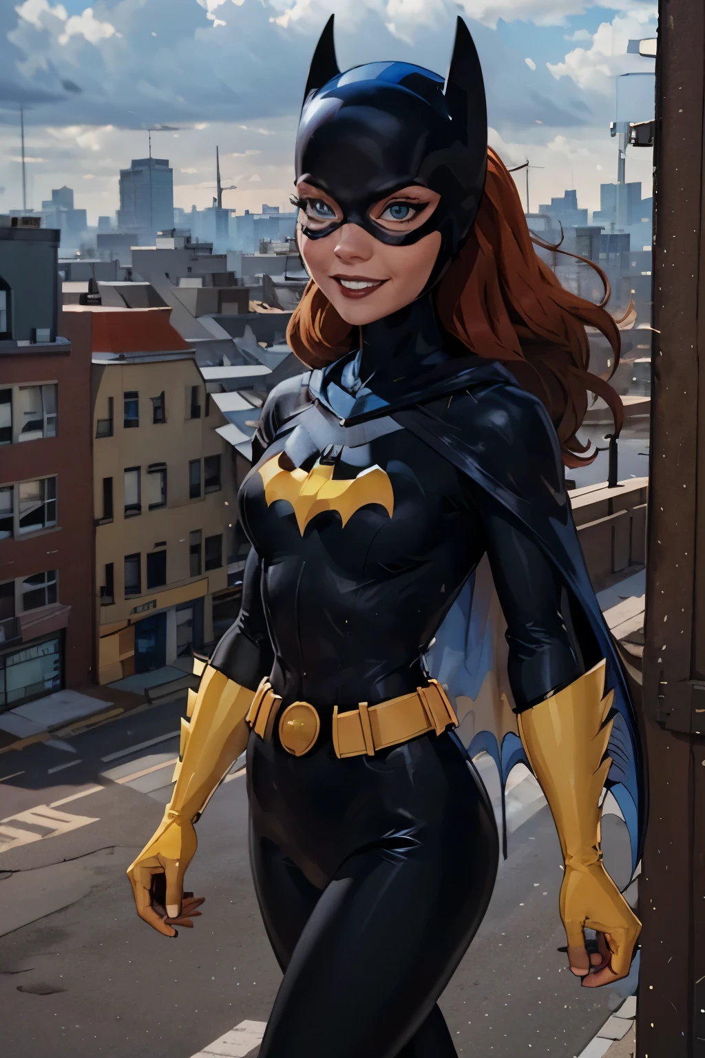 Barbara, Batgirl, red hair, blue eyes, gray bodysuit, belt, cape, gloves, looking at viewer, smiling, outside, apartment roof, cityscape, cloudy, daytime, extreme detail, hdr, beautiful quality