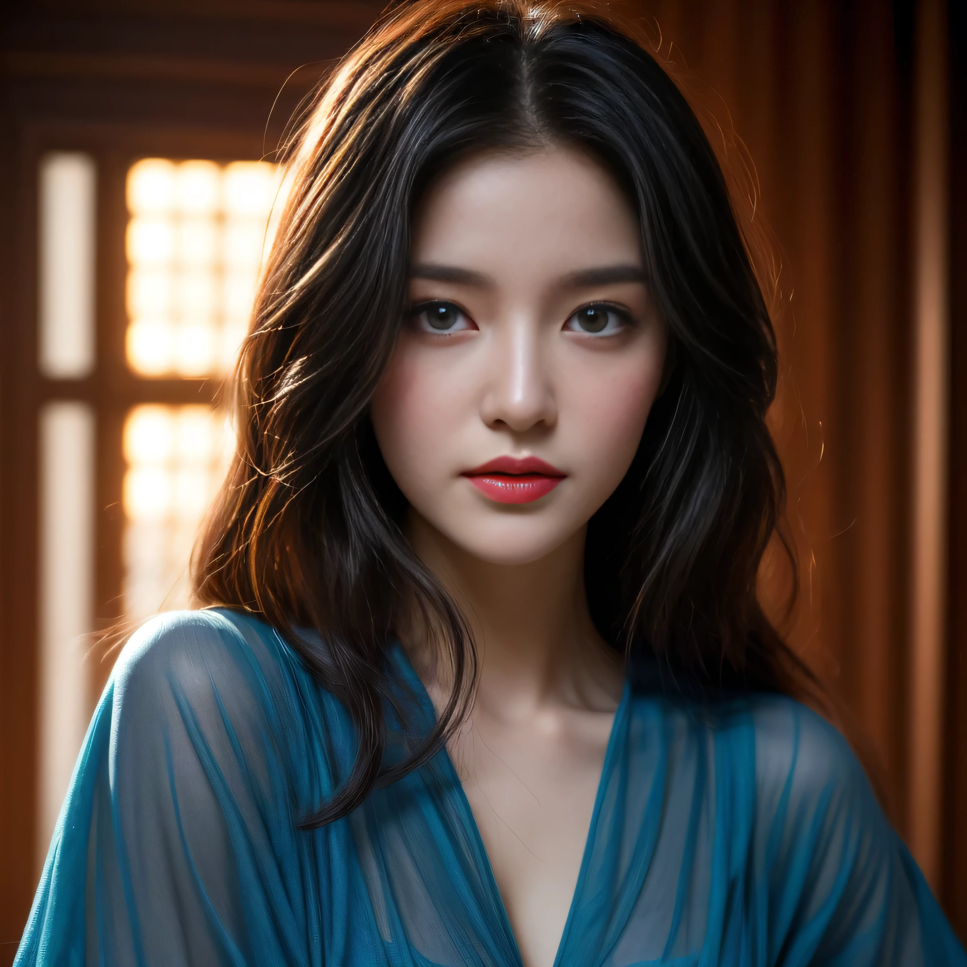 photorealistic, masterpiece, photorealistic, high resolution, soft light, hips up, blue eyes, fern hair, long hair, Intricate details EABA, cerulean cloaks, short hand-fan, Royal Poet, see through Hanfu, dandy, fluffy hair, a warm room full of light on birthday night, my birthday party, cheerful and respectful attitude