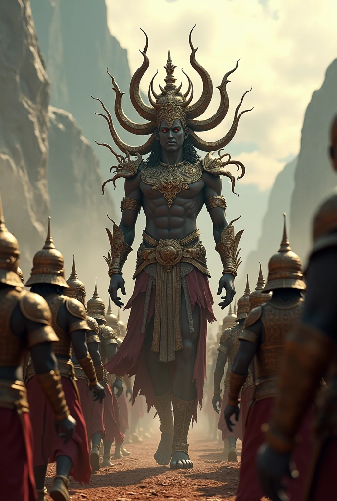 Create cinematic 3d story "Ravana: A formidable, multi-headed demon king, exuding a menacing aura."