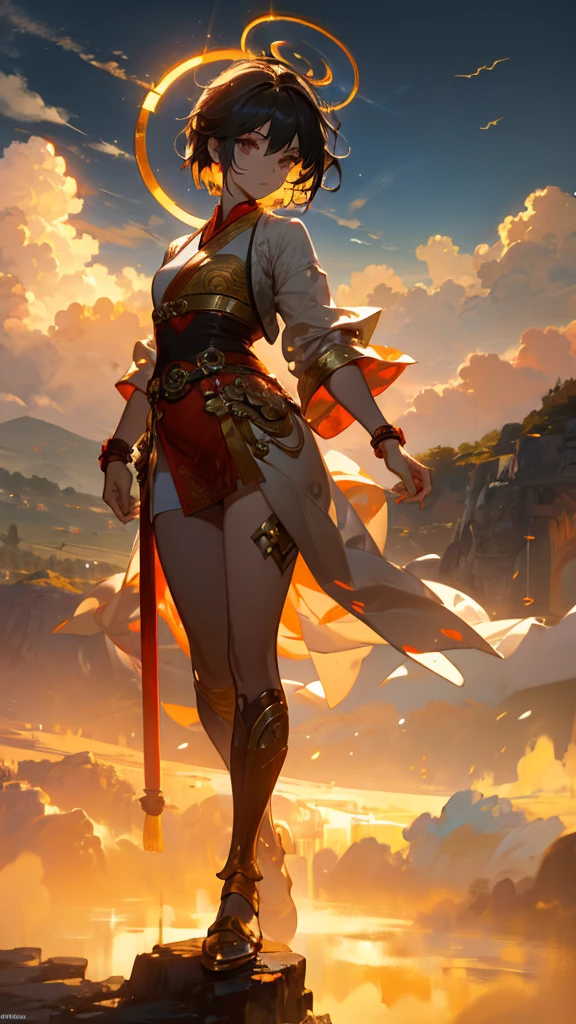 ((masterpiece, best quality)), Epic battlefield atmosphere，girl，Clouds, mountains, and sea of fog，Journey to the West，Sun Wukong，Holding a ruyi golden hoop rod，Delicate face，front，monkey，Halo，whole body，Standing picture，Perfect body proportions，Handsome short hair，beautiful eyes，Fantasy style，White background