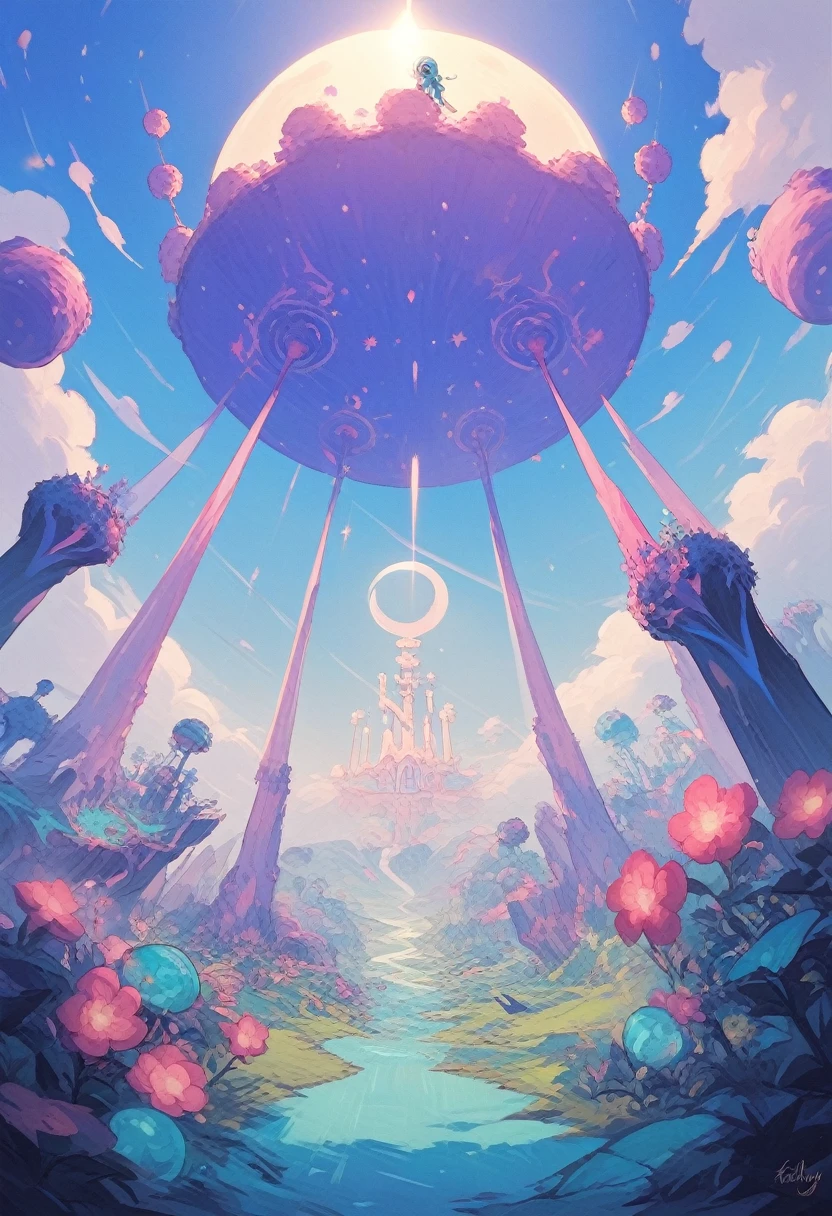 Create an 8K high-definition, richly detailed conceptual anime image inspired by the world of Ooo from 'Adventure Time.' The scene should depict a whimsical and fantastical landscape with a surreal, dreamlike quality. Include a vibrant and diverse terrain with floating islands, oversized and imaginative plants, and fantastical rock formations. Feature a bright and colorful sky with unusual shapes of clouds, possibly including a glowing sun or moon. Incorporate unique and playful elements like floating objects or unusual creatures in the background. Use a palette of bold yet slightly muted colors to reflect the unique, otherworldly charm of the world of Ooo.