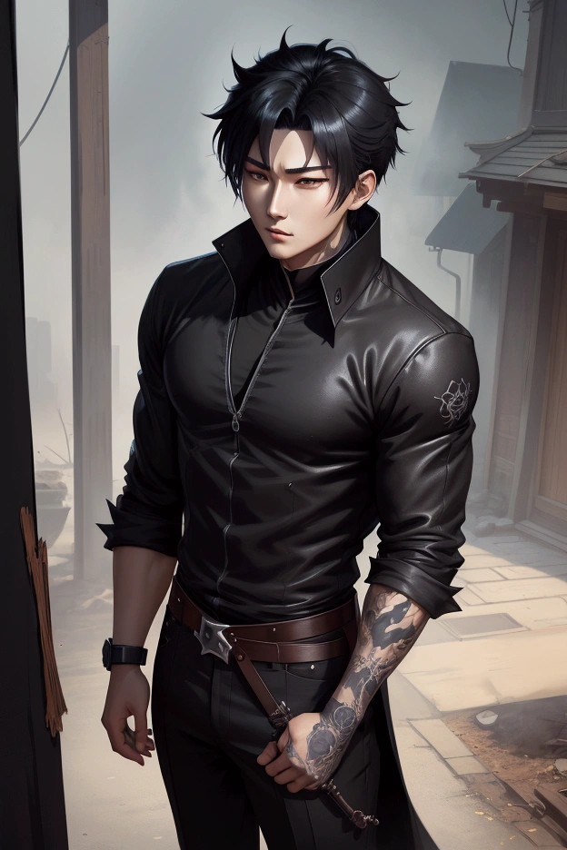 (best quality,ultra-detailed,realistic:1.37),young boy with spiky hair,blue eyes and determined expression,standing in a dynamic pose,wearng a black Konoha headband,blue jacket with orange trim and black pants,holding a kunai knife and electric blue Rasengan,against a backdrop of Hidden Leaf Village,Futuristic art style,dynamic lighting with vibrant colors. --auto