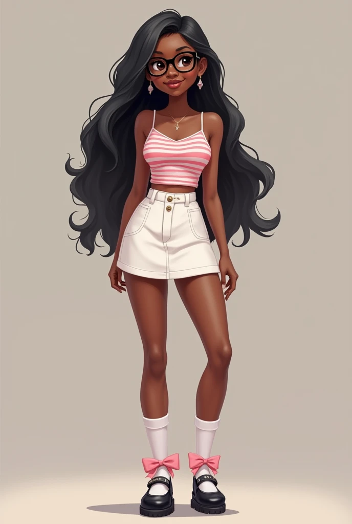Adult woman, black skin, black wavy hair, black eyes, white crop top, pink low waist jeans, pink accesories in hair, anime style