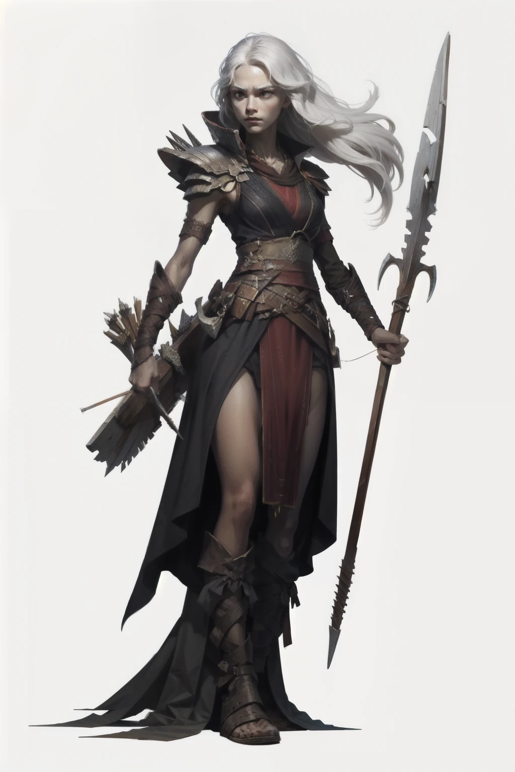 rpg character, Quero um personagem com white background, png, white background, She has white hair that falls in soft waves to her waist., contrasting with her fair skin. His eyes are a deep dark shade, quase negro, and convey a mysterious intensity. She holds a bow made of bones, curved and polished, with a bright red stone embedded in the center. The arch is decorated with subtle inscriptions and organic details. She also carries a quiver of arrows made of bones., with sharp tips and decorated with small red gems, complementing its enigmatic and imposing appearance.
