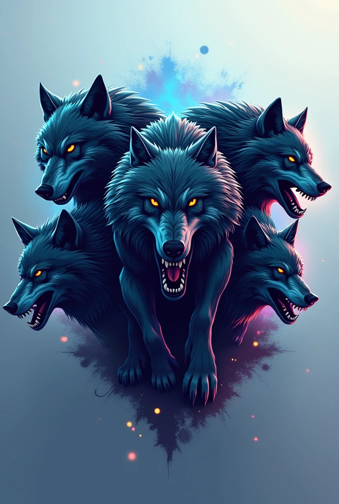 Based on the character Zhong, Zhong, red and black design, tattoo design, concept tattoo design, very coherent stylized artwork, mysterious art style, art cover illustration, detailed digital art, four wolf heads in a square bite each other, two vertical wolf teeth in the middle of the wolf, and a heart under the wolf