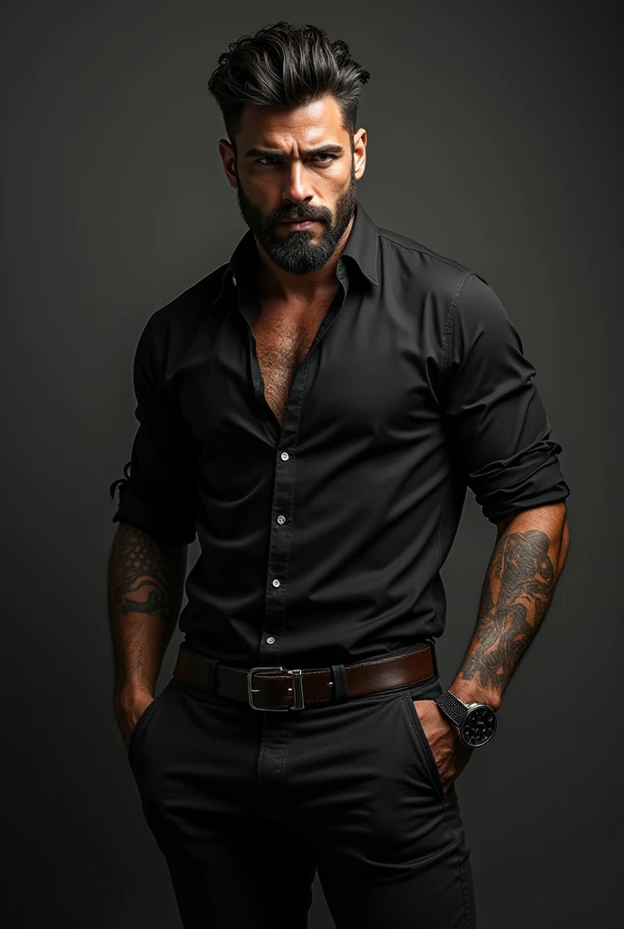 A 24 year old guy with black hair , a lean muscle build, 6 ft tall, a sharp jawline, very fair skin wearing a formal black shirt and pants, down ear length hair with a few accessories like a celebrity , he is italian , no beard