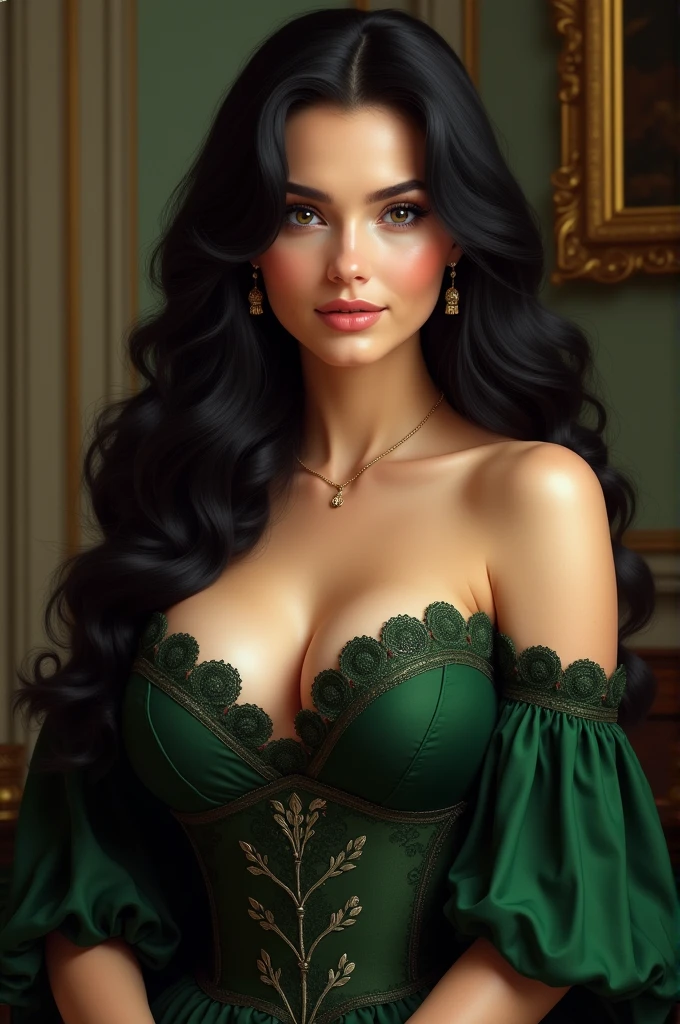 ```Brushstroke Art Art style```, young woman, silver eyes, single face, fine nose, small lips, eyebrows done, light makeup, small eyes, black hair with defined curls, long hair with some twists, elegant green full skirt dress, with various silver ornaments, with corset, serious look, while sitting in an armchair. Powerful look. simple scenario, gestural pose, dynamic angles, 90s, (((Brushstroke Art Art style)))
