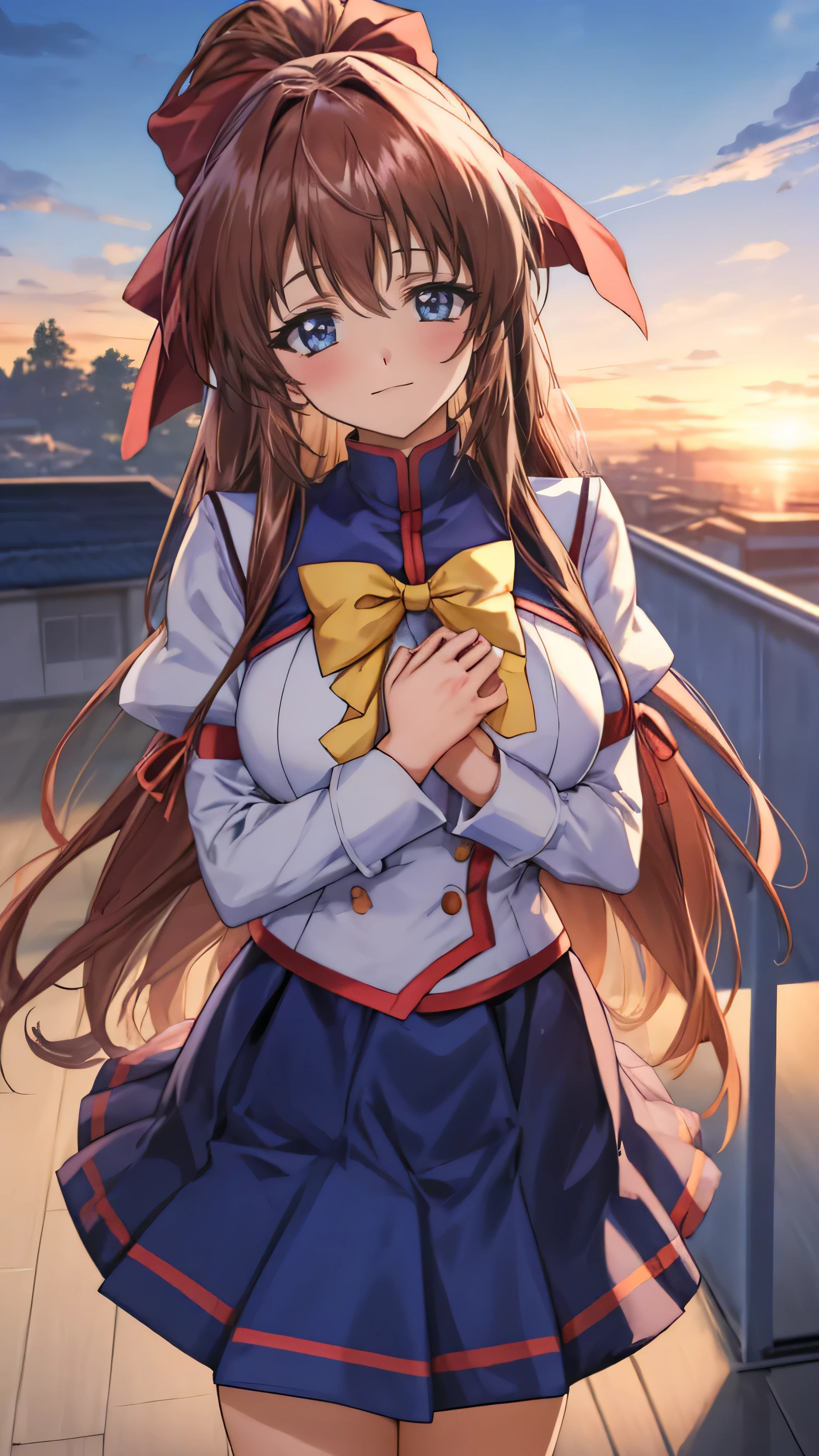 Anime illustration Aoikan, 1 person, Hair Ribbon, school uniform, Long sleeve, bow tie, Blue Skirt,Big Breasts、 blush, Cute Smile Open your mouth, Are standing, 首にスカーフを巻いてフェンスの前にAre standing, (Winter Night、With the sunset and the fence behind、Receiving a confession on the school rooftop。I got closest to that smile:1.1), (Place your hands on your chest:1.3), Skirt Lift, High Knee Socks,Two Arms, cinematic angle, close shot,