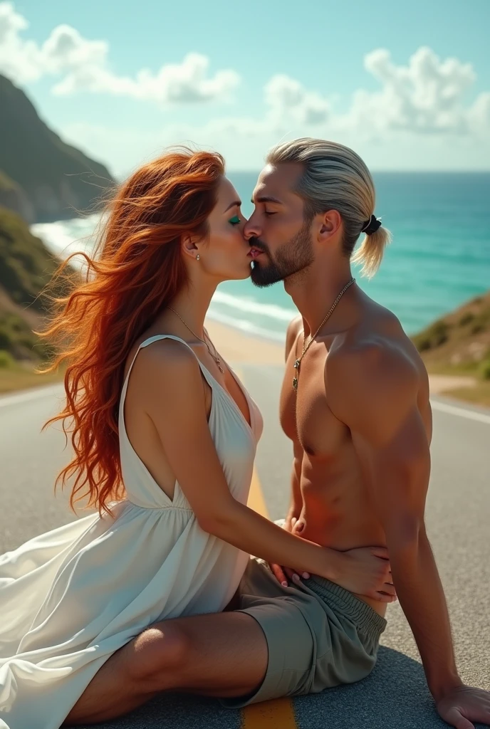 A muscular naked man having sex with his female lover sitting on his penis by the sea, and a very attractive and beautiful naked woman with red hair and red lips