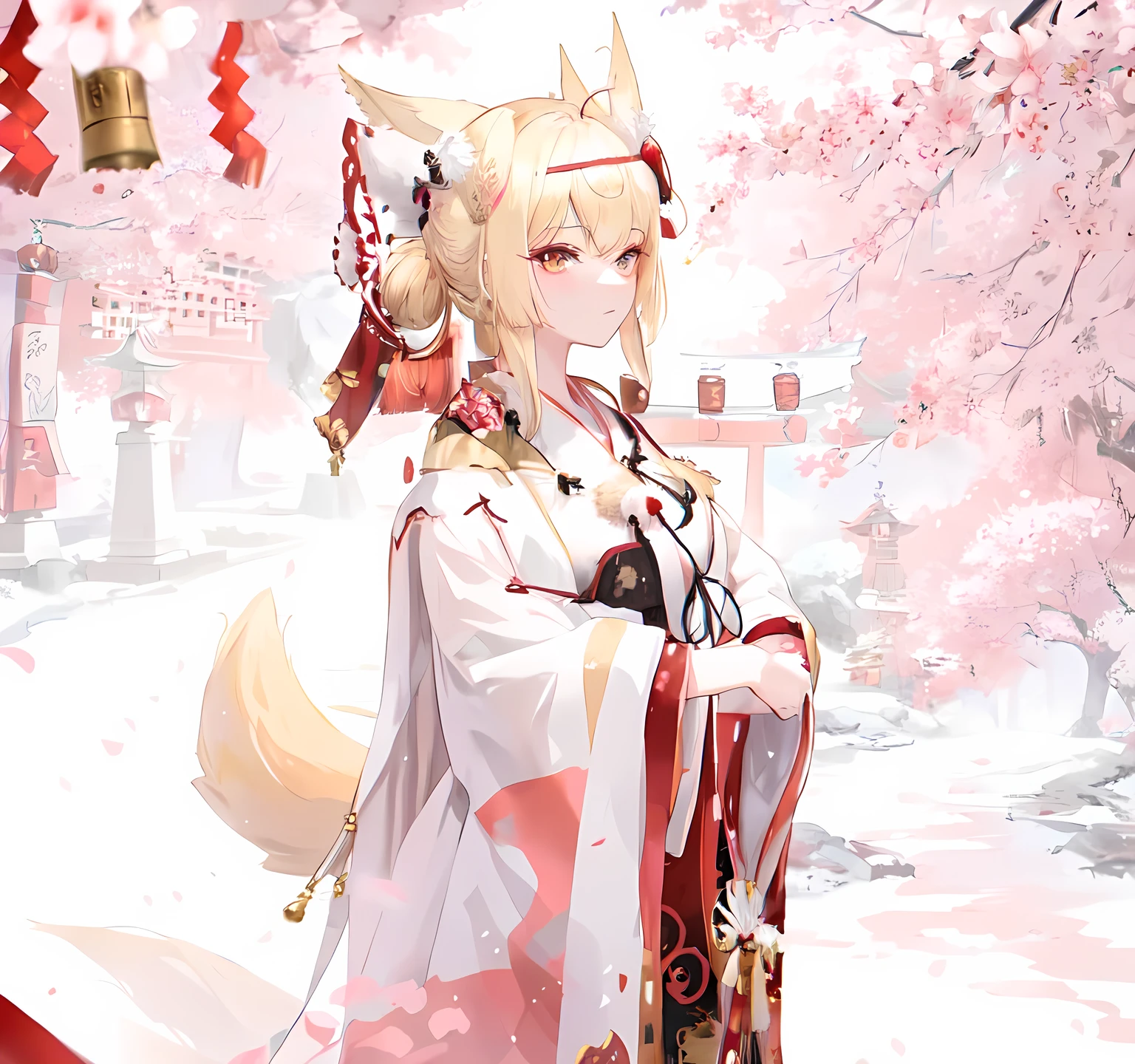 blonde anime girl dressed in traditional japanese dress standing in front of a Shrine, have a cute brown dog ears, eyes clossed, in a white kimono, ((wearing aristocrat robe)), guweiz, kitsune inspired armor, genshin, onmyoji, wearing aristocrat robe, anime moe artstyle, vrchat, 8k, render of april, realistic anime 3 d style, doing an elegant pose