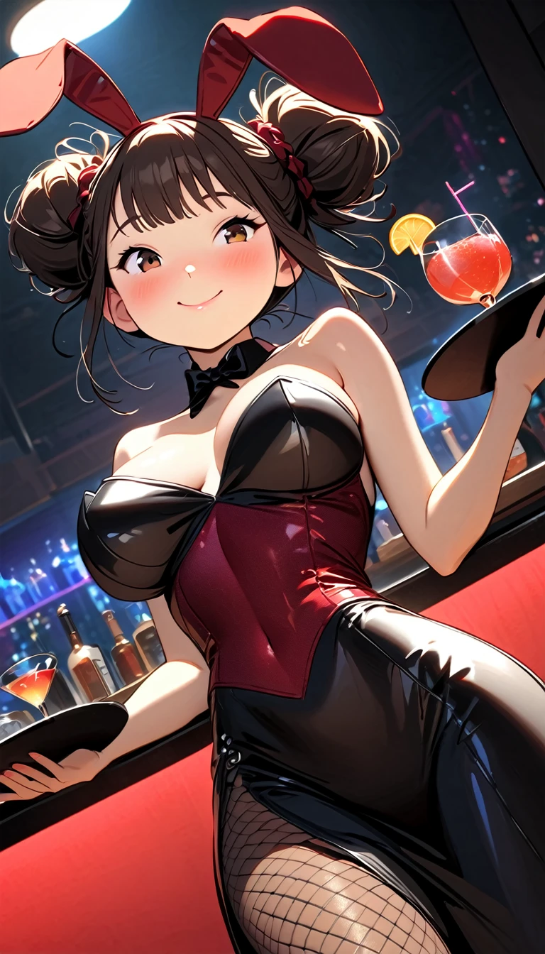 (Highest quality:1.2, Attention to detail, masterpiece:1.2, Best aesthetics), (1 petite girl), Cowboy Shot, ((Playboy Bunny, Fishnet tights:1.2, Bunny ears, ハイレグ leotard, 白leotard:1.1, leotard)), (Big eyes, Cute expression, Two hair buns), 美しいAttention to detail目, Big Breasts, Beautiful lip detail, Highly detailed face, Detailed Fashion, elegant, luxury, High quality fabric, Shine, Shine, smile, Holding a tray in his hands, Carrying a cocktail, Dutch Angle, bar, Nightclub, night, Dramatic lighting, Cinematic, Bright colors, Intricate details, Chiaroscuro lighting