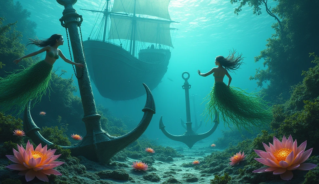 In a brief interim a coral fairy dressed with algae illuminates with St. Elmo's Fire a pirate wrecking site on covered by algae and coral, showcasing the wrecked ship partially hidden by the acuatic vegetation, a wooden treasure chest, underwater scene, Caribbean sea, melancholic, organic forms, art nouveau, slightly influenced by Zena Holloway, Shaun Tan and Seth Globepaint.