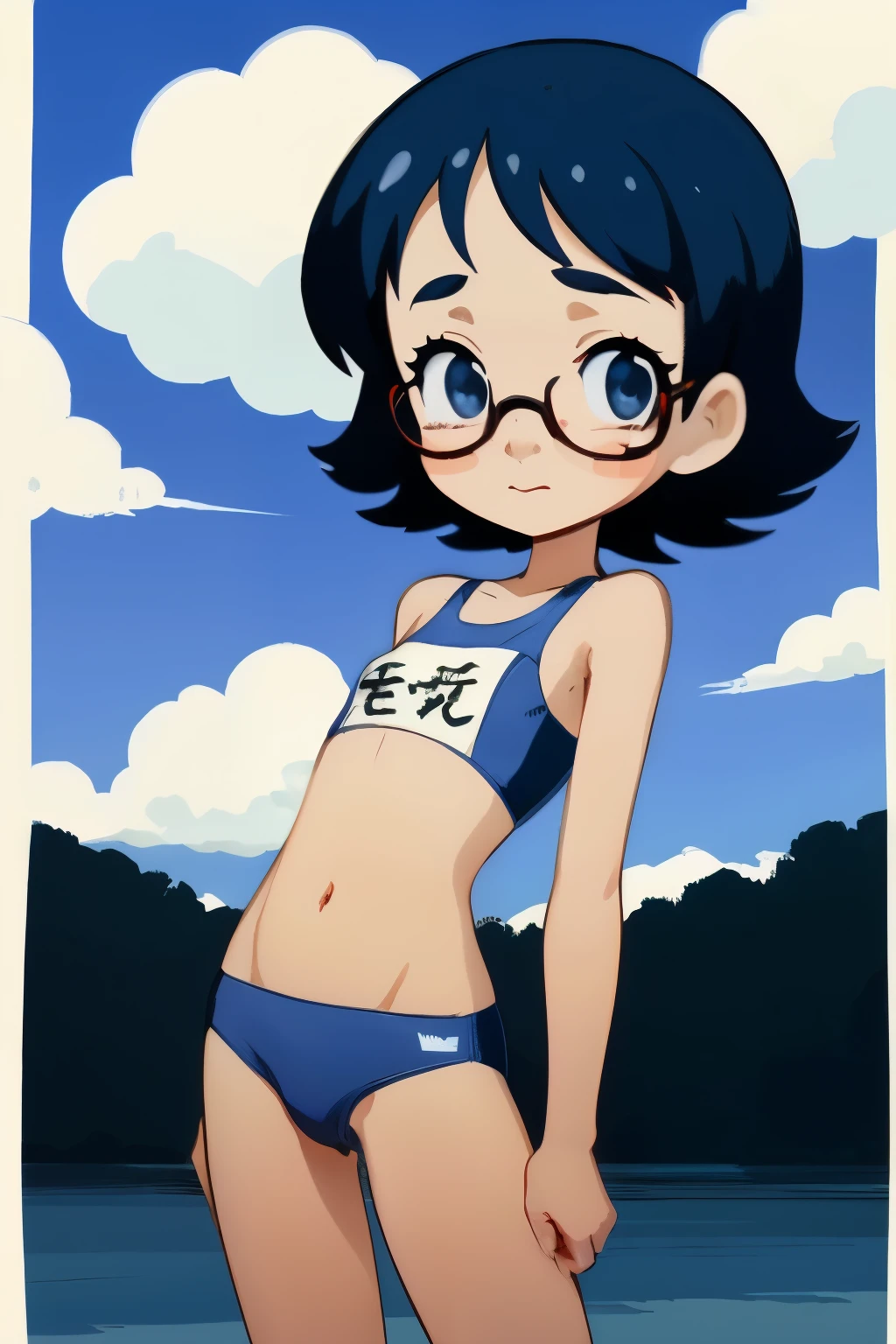 Really embarrassed tomboy girl, with short dark curly  hair and green glasses, in blue an white sexy  underwear ,trying to cover herself