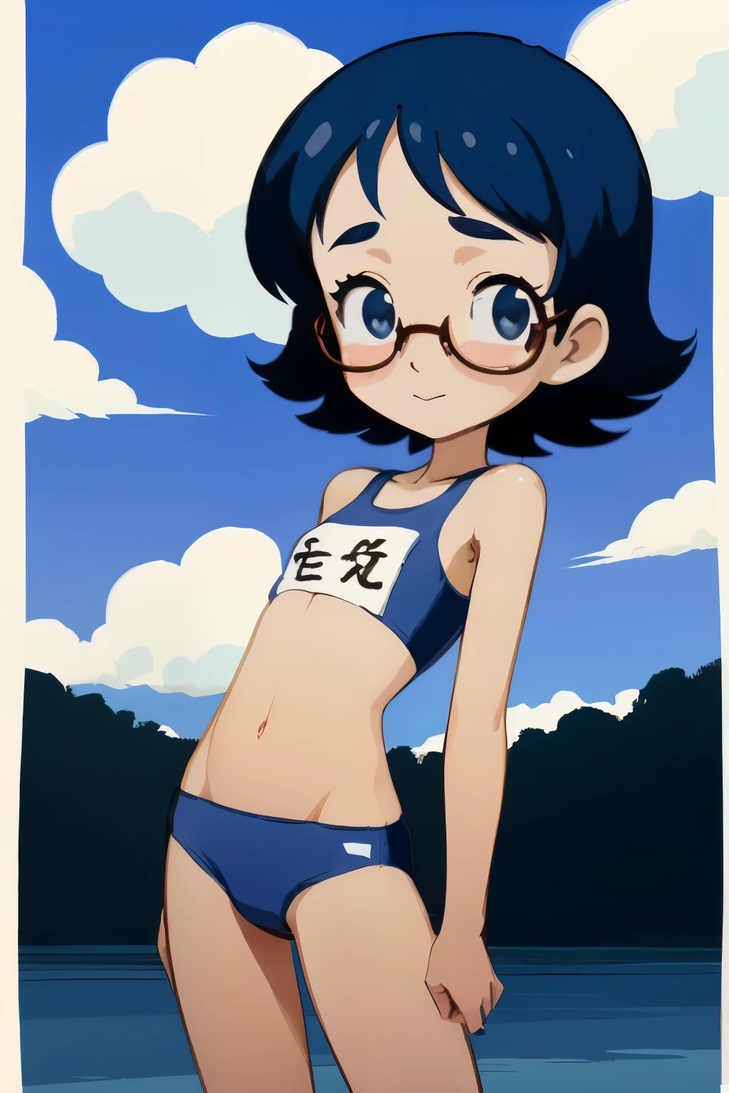 Line art、Vector art,White Polka Dots - Art,(Polka dots:1.3), (Masterpiece, Highest quality),Delicate colors, Super delicate pattern colorful, Highest quality, Cute beautiful girl, 15 years old,(Navy Swimsuit、One piece swimsuit)、,White skin、No smiles、Black Hair、Short bangs、Braid、Brow wrinkles、Black glasses、Big Breasts、Pop Art、（Plump;1.2）From above、Takato Yamamotoスタイル、Art Style：Takato Yamamoto