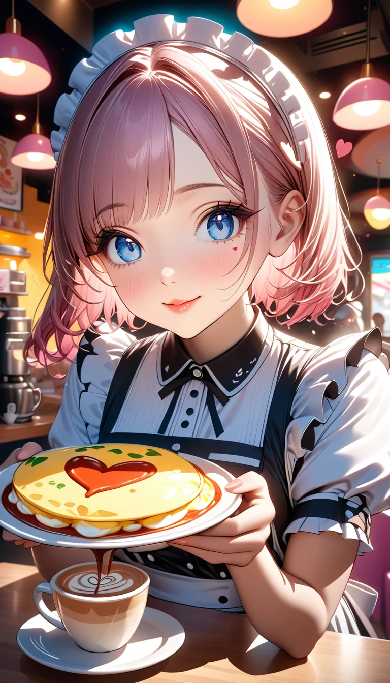 a beautiful maid in a colorful maid cafe, detailed maid uniform, moe moe aesthetic, heart-shaped ketchup design on fluffy omelette, steaming hot coffee with heart latte art, maid gazing lovingly, delicate hands offering the coffee, 8k, high quality, vibrant colors, dynamic lighting, photorealistic, detailed, cute, kawaii, elegant, intricate, masterpiece