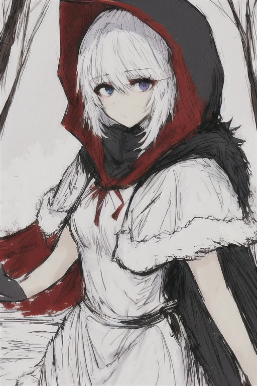 masterpiece, Best Quality, black souls,  Sketch, Red hood (black souls), 1 girl, adolescent, Alone, (Animal hood:0.75), arm at the side, black tie, by rubio, short hair, blue eyes, expressionless,  White dress,fur trimmed dress, fur trimmed cape, red cape,hood with fur trim, Red hood,hood up,  leg strap,thighs, white thighs,The Great Passage,  Upper part of the body,  forest background, , AKM, kalashnikov_rifle, assault_rifle, tenure_pistol, aim, 