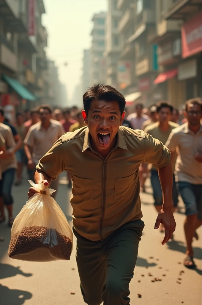 A desperate asian man wearing old paintings clothes being chased by a horde of people yelling at him