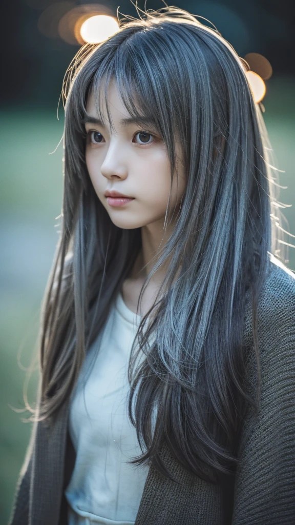 masterpiece, high quality, High resolution, 8k, (alone:1.2), ((One girl)), Japanese women, Detailed face, Detailed eyes, Correct body structure, Upper Body, ((Gray Hair:1.2)), Very long hair, Messy Hair, Slender body, Captivating silhouette, Glowing Bones, Depth of written boundary, Nighttime dark photos, It&#39;s dim, bangs, Cinema Lighting, Tyndall effect, Abstract background, Futuristic costume, Vibrant colors, Modern Style, Wide sleeves, artistic, Unique Pattern, colorful, stylish, trend